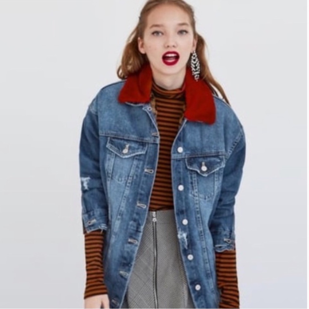 Zara | Women’s Medium Blue Denim Distessed Long Line‎ Faux Fur Lined Jean Jacket